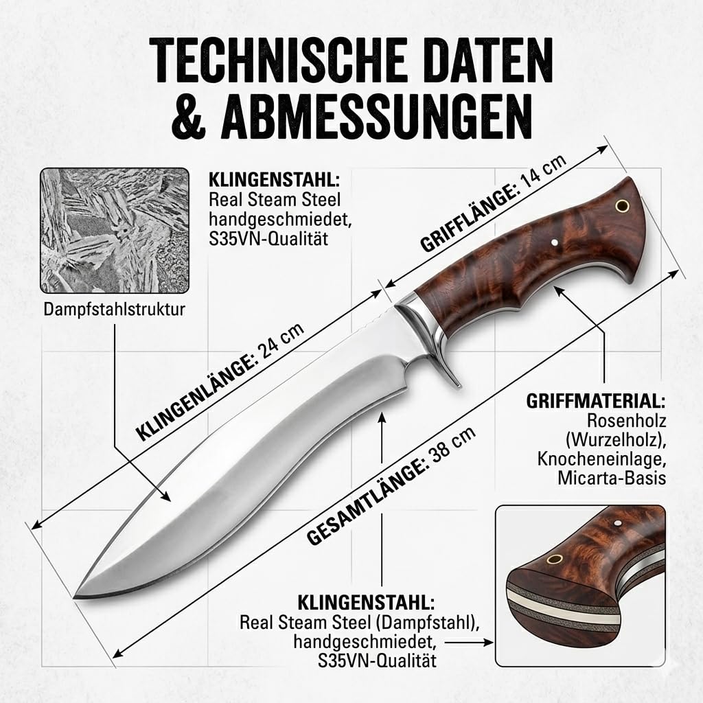 Handmade hunting knife, 26 cm blade made of real Damascus steel, rosewood handle, 39 cm overall length, real leather sheath. (Bowie-3)