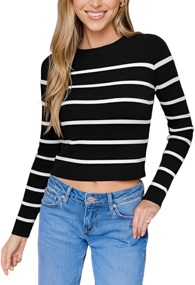 CUPSHE Women's Fall Lightweight Sweaters Striped Crew Neck Long Sleeve Pullover Knitted Tops