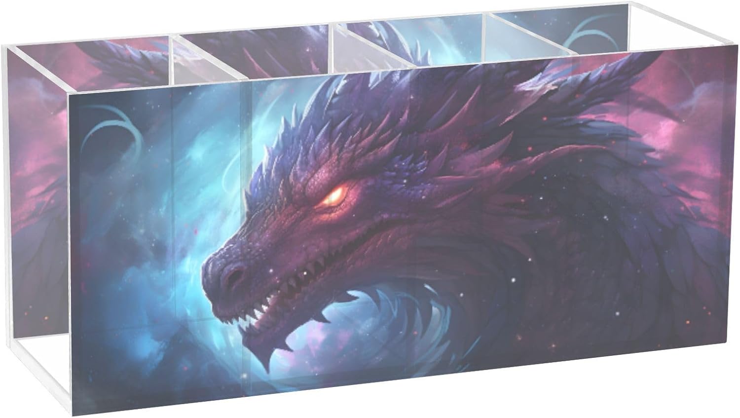 Galaxy Dragon Portrait Acrylic Pen Holder 4 Compartments Funny Cute Cool Anime Acrylic Pen Organizer Pencil Holder for Desk Hair Brush Holder