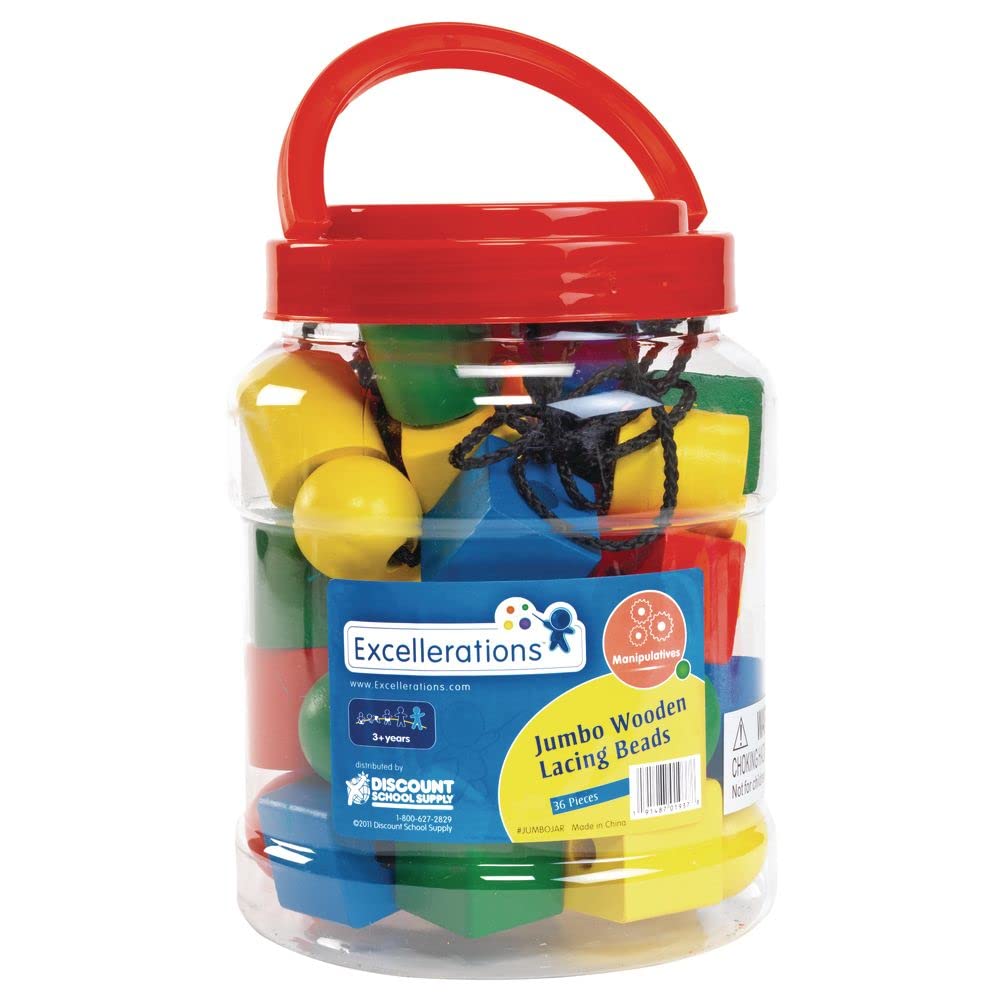 Excelleration Jumbo Lacing Beads with String in Jar, 36 Pieces, Fine Motor Development, Educational Toy, Preschool, Kids Toys - Image 3