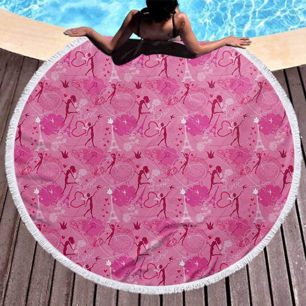 Outdoor Beach Towel Quick Dry Paris Toddler Beach Towel Flying Elves Eros Love Town Center of Romance Magic City Valentines Day Concept Microfiber Beach Towel for Travel Magenta Fuchsia (Diameter 59")