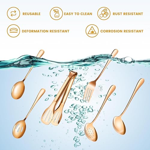 Miniatura 17 de Juego de utensilios de servir dorados para fiestas, cucharas grandes de metal de acero inoxidable, cucharas ranuradas, tenedores, pinzas, cucharas