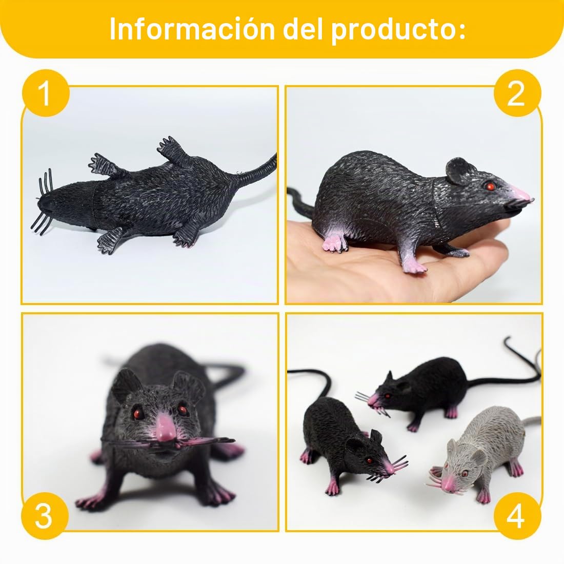 Pack De 3 Ratones Falsos Realistas Con Cola Larga – Juguetes Para Gatos Y Bromas – PVC Resistente (4,3 X 22 Cm)