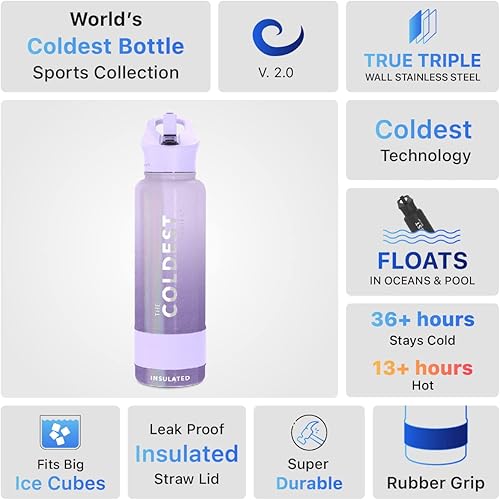Miniatura 190 de Coldest - Botella de agua deportiva con tapa con popote y asa, a prueba de fugas, de acero inoxidable con aislamiento al vacío de doble pared,