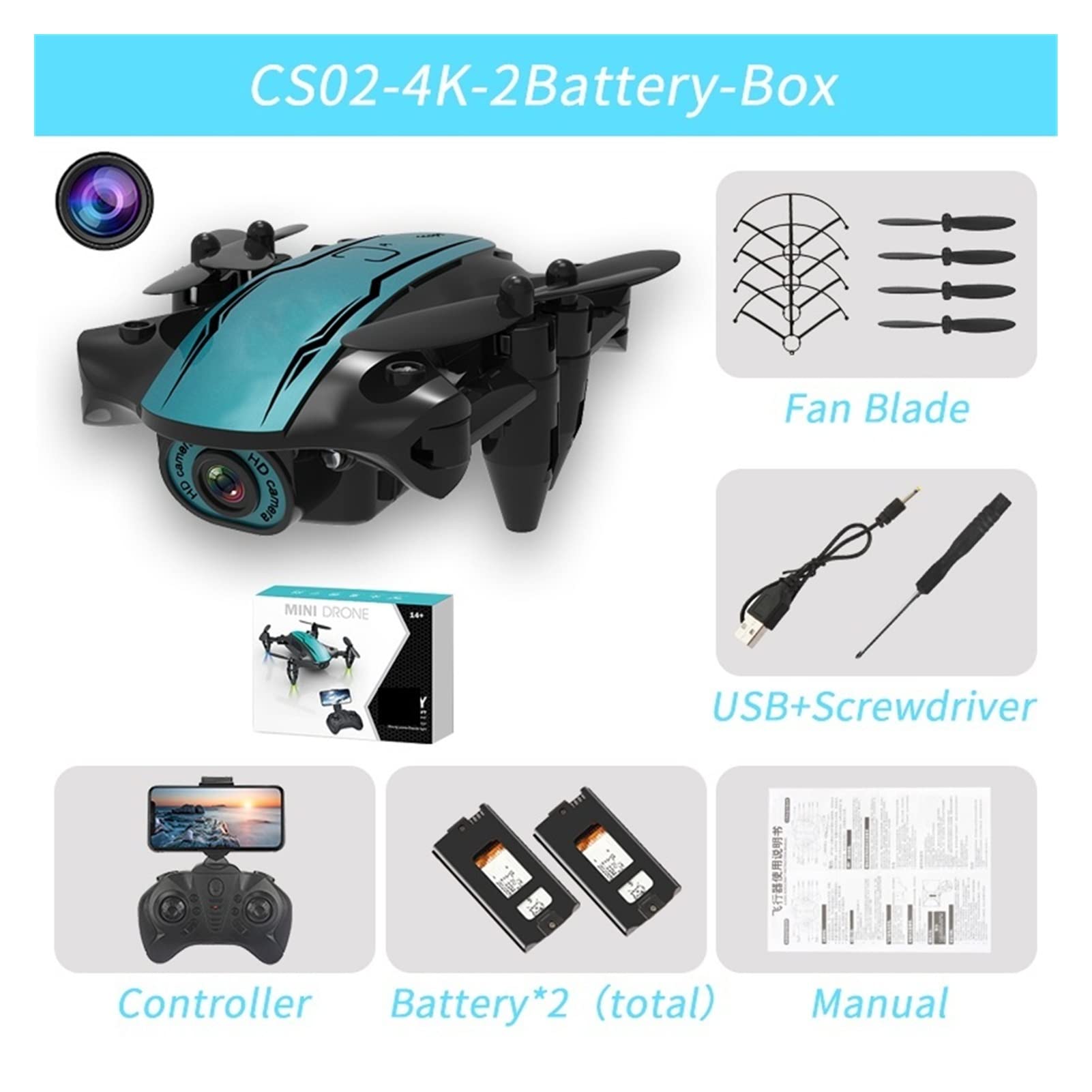 Składany dron Quadcopter RC Mini Drone Kamera 4K HD Fotografia lotnicza WiFi FPV Wysokość Trzymaj Składane fajne zabawki Quadcopter (Kolor : 4K-3B-Rozmiar torby : 1) (4K)