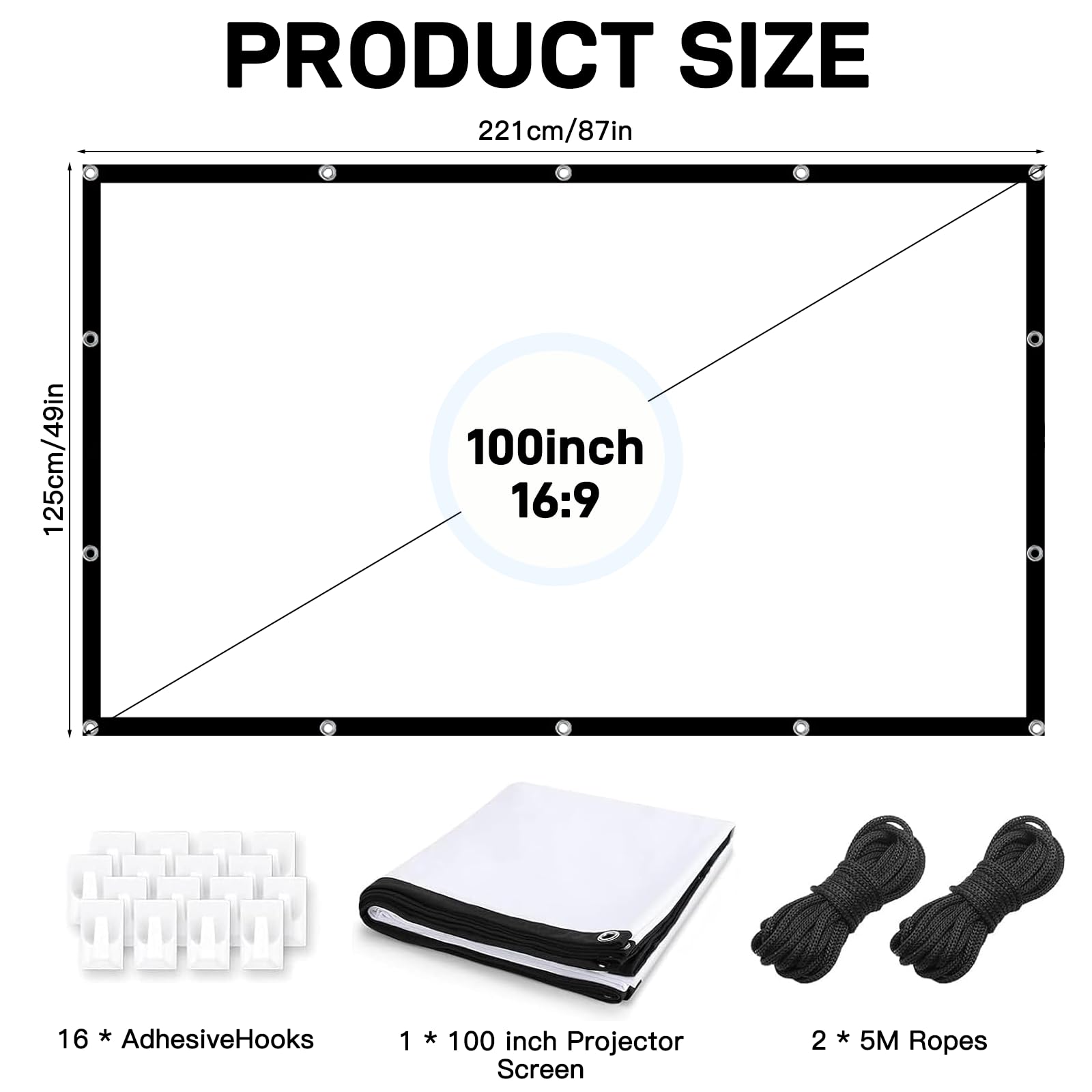 Schermo per proiettore pieghevole da 100", 16:9, double face, 4K, HD, con occhielli di fissaggio, ganci autoadesivi e corde da 5 m, portatile, lavabile, per home theater, ufficio, campeggio