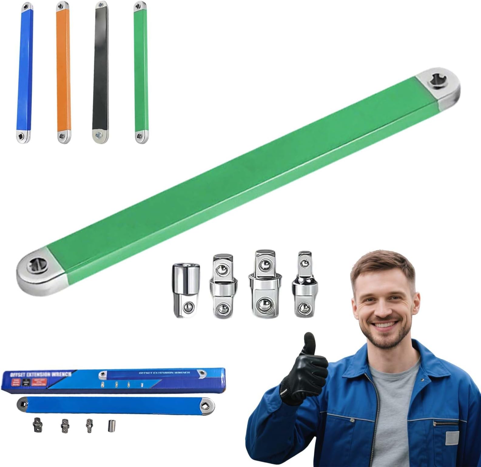 2026 New Upgrade Offset Extension Wrench, Universal Socket Wrench with 1/2 inch, 1/4 inch, 3/8 inch Square Drive Adapters and 10 Universal Bits, for Automotive & Hard-to-Reach Space (Green)