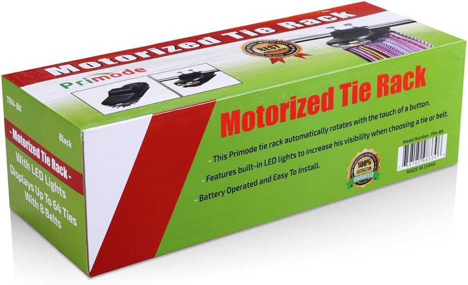 Primode Motorized Tie Rack with LED Lights – Closet Organizer, Stores & Displays Up to 64 Ties Or Belts, Rotation operates with Batteries. Great Gift Idea (Black)