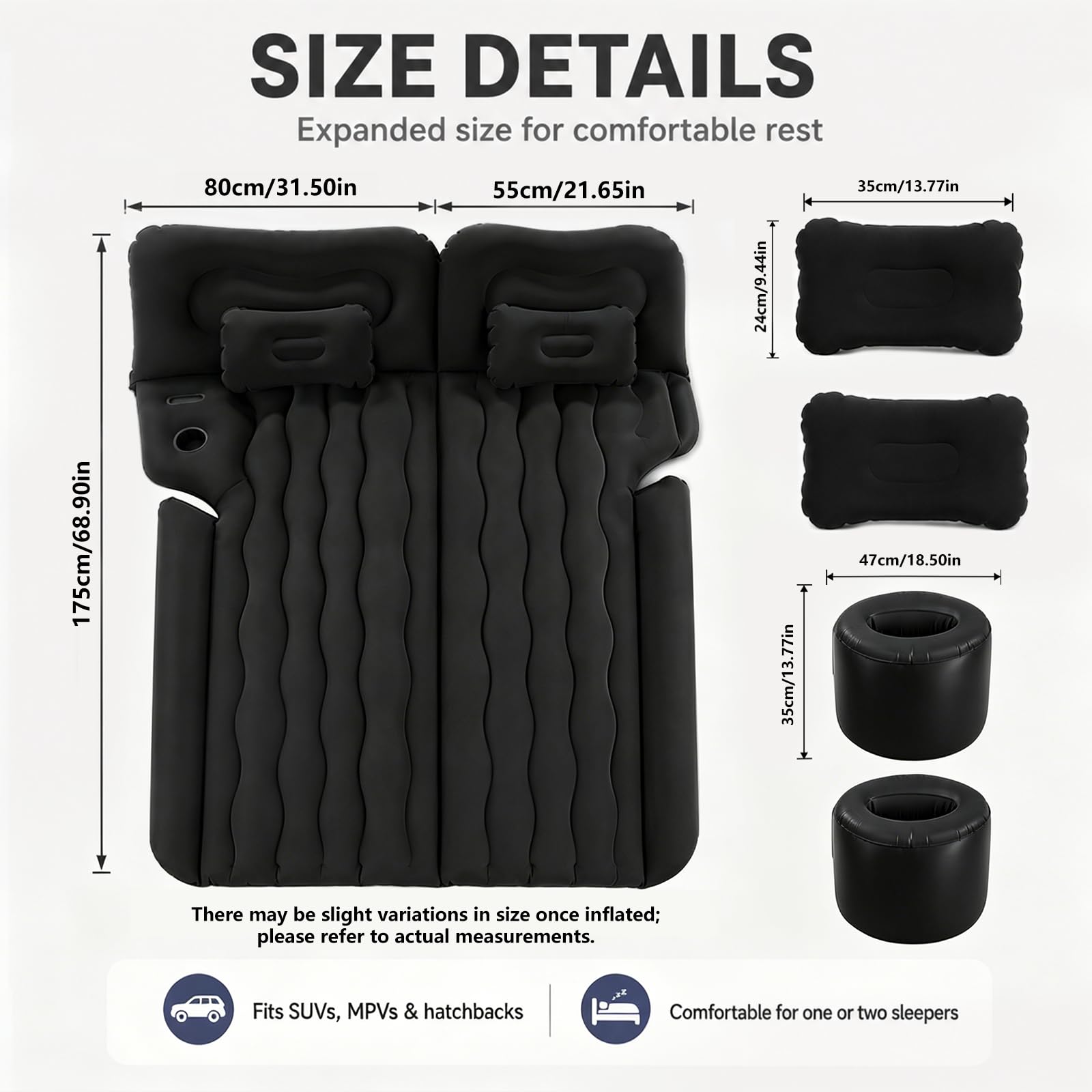 Colchon Coche, 1.75 * 1.35M Colchón para Coche Asiento Trasero, Incluye Bomba de Aire 2 Almohadas, SUV Colchón Hinchable, Tejido Grueso, Colchón Aire Coche para Viaje Camping (Negro)