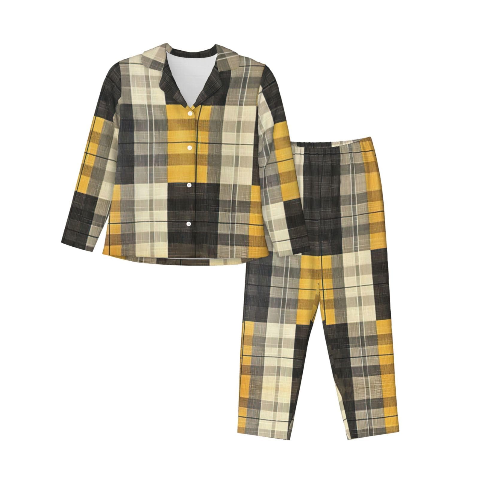 Pyjama à imprimé écossais jaune gris noir stretch et confortable en deux pièces - 8