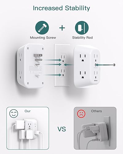 Miniatura 3 de Paquete de 2 extensores de salida con protector de sobretensión, divisor de tomacorriente, 6 tomas de corriente alterna de pared, adaptador de