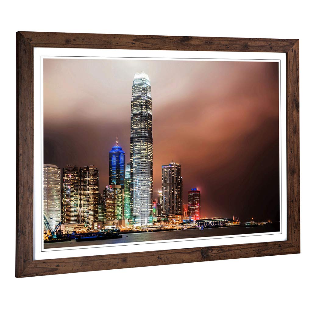 Big Box Art Framed Print of Hong Kong City Skyline China (4) Design | Wall Art Picture | Home Decor for Kitchen, Living Room, Bedroom, Hallway, Walnut, A2 / 24.5x18 Inch / 62x45cm