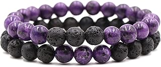 2Pcs Matte Lava Rock Volcanic Stone Beads Stretch Bracelet Stacking Essential Oil Diffuser Tiger Eye Seed Bracelet for Men Women Girl Boy Couple Stress Relief Healing Aromatherapy Jewelry-B purple