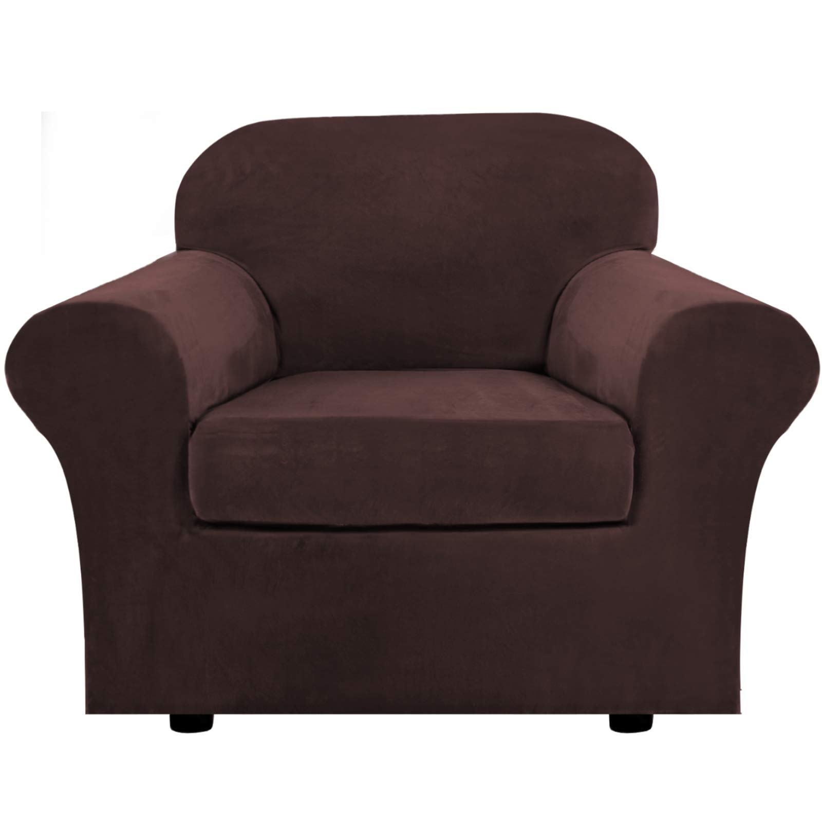 H.VERSAILTEX Rich Velvet Stretch 2 Piece Chair Cover Chair Slipcover Sofa Cover Furniture Protector Couch Soft with Elastic Bottom Chair Couch Cover with Arms, Machine Washable(Chair,Brown)