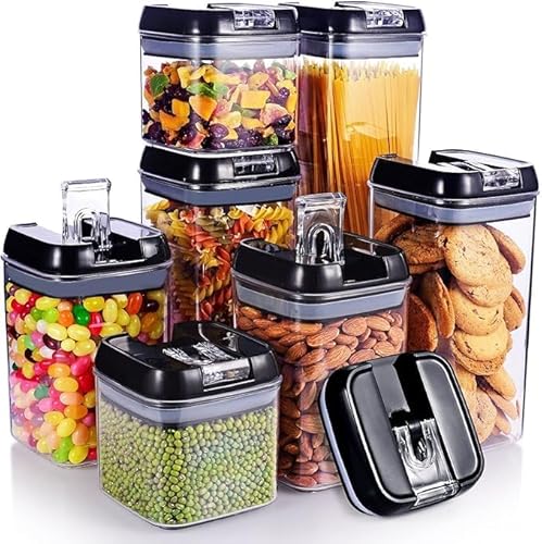 7pc Clear Airtight Food Storage Container Set with 10 Labels & 1 Marker - Kitchen & Pantry Containers - Ideal for Flour, Cereal, Spaghetti, Pasta & more, Black