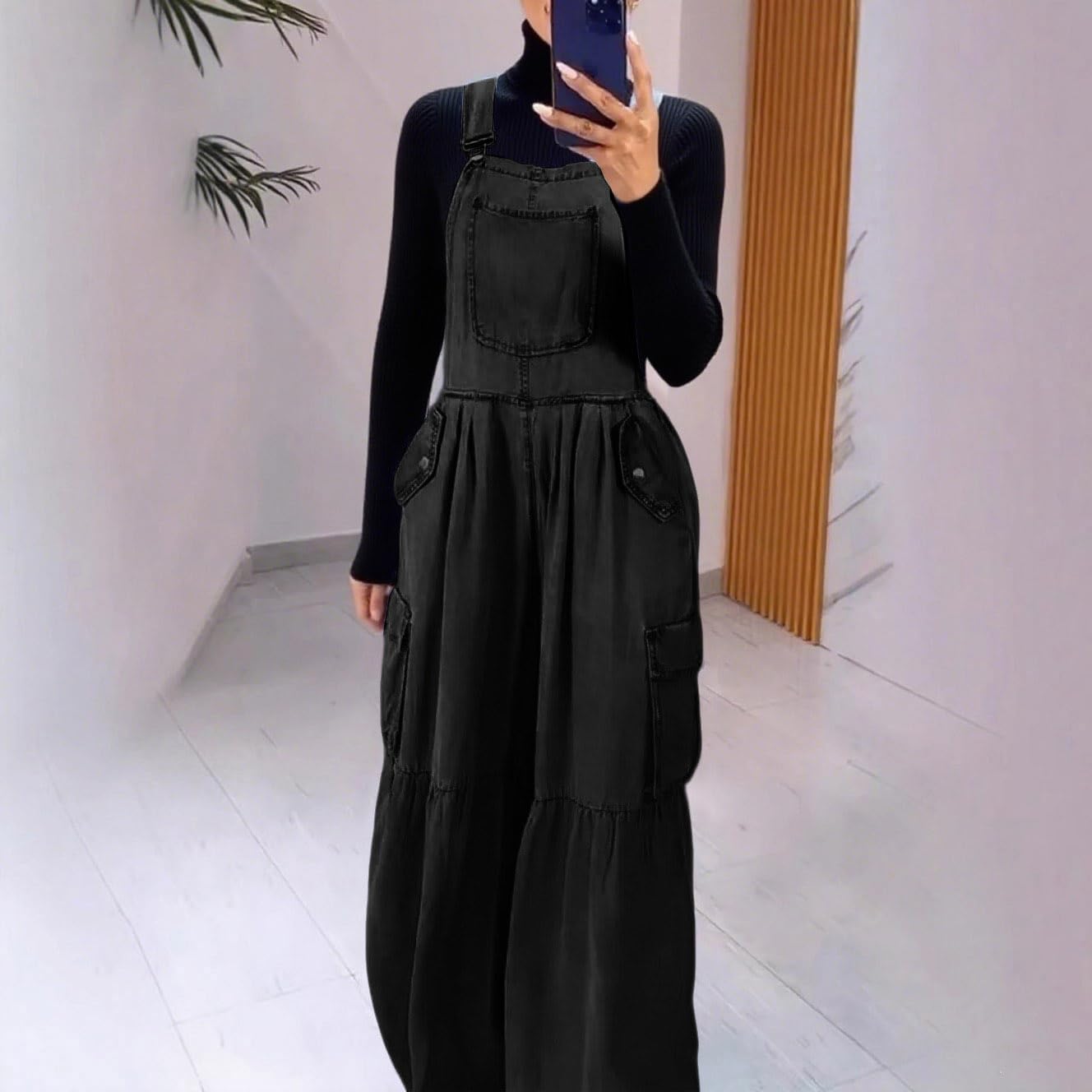 utcoco Womens Loose Adjustable Strap Denim Bib Overall Wide Leg Jeans Casual Baggy Cargo Overalls Jumpsuit