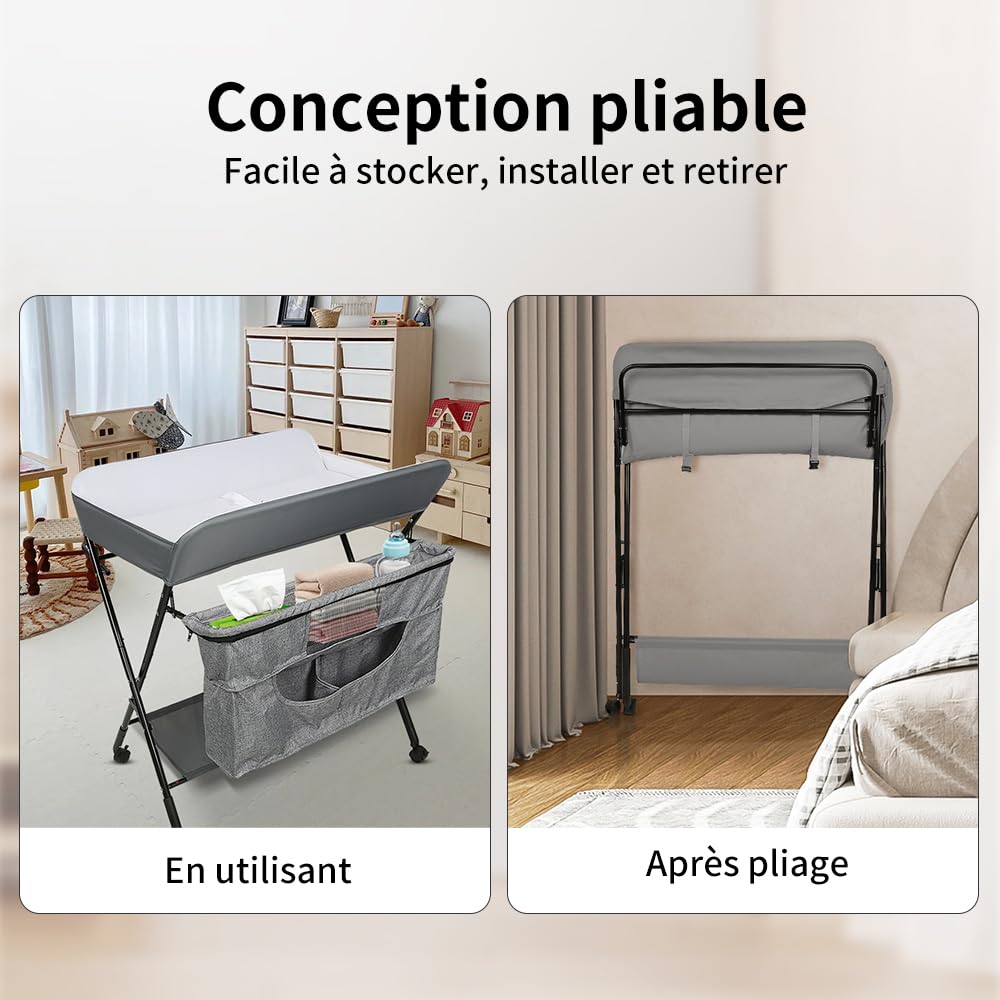 homewell Cambiador portátil plegable, altura ajustable, cambiador para bebé con ruedas y cinturón de seguridad, cambiador impermeable