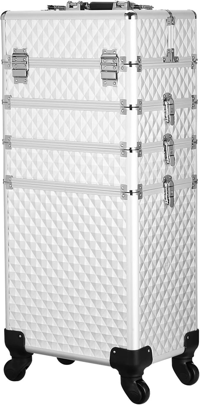 Channcase 4 in 1 Portable Traveling Aluminum Professional Makeup Trolley Cart with Multiple-Sized Compartments and Wheels, White