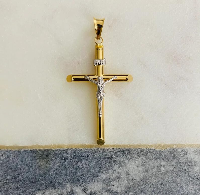 14k Two-Tone Gold Crucifix Cross Pendant for Men & Women – 43x20mm Religious Charm, Real Solid Gold, Lightweight 1.4g3