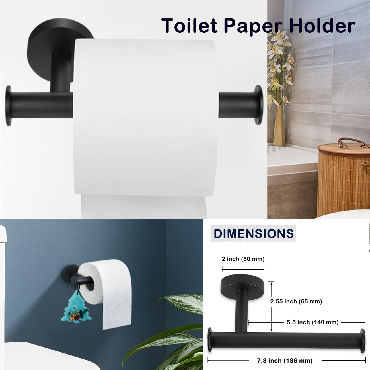 4 Pieces Bathroom Hardware Set, SUS304 Stainless Steel Towel Holder Set Includes Toilet Paper Holder 2 Robe Towel Hooks Towel Ring, Bathroom Accessories Set Matte Black