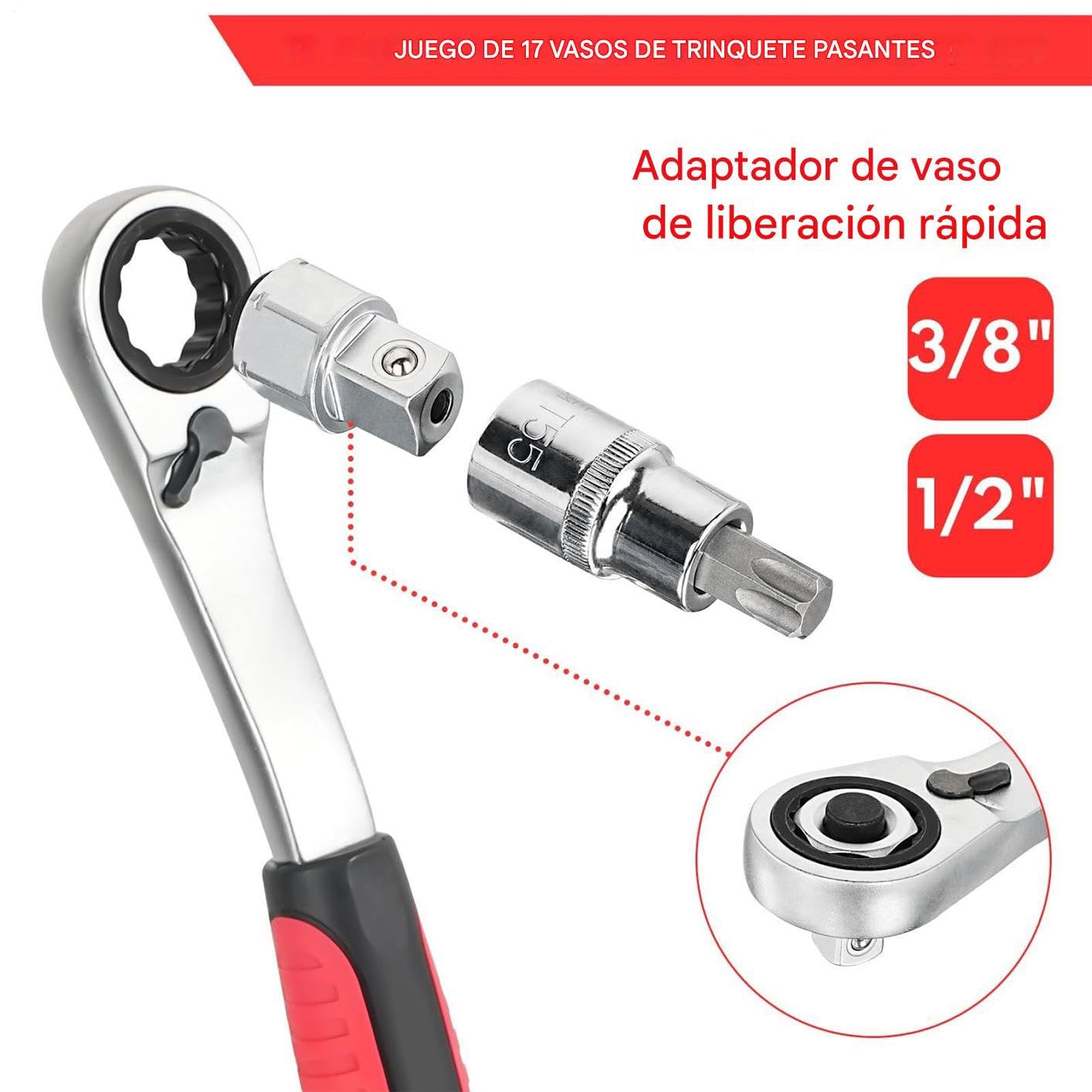 Juego de trinquete y vasos Kit de Herramientas de Reparación Compacto | Conjunto de llave de carraca y vasos Para mantenimiento vehículos, reparación electrodomésticos, instalación tuberías,