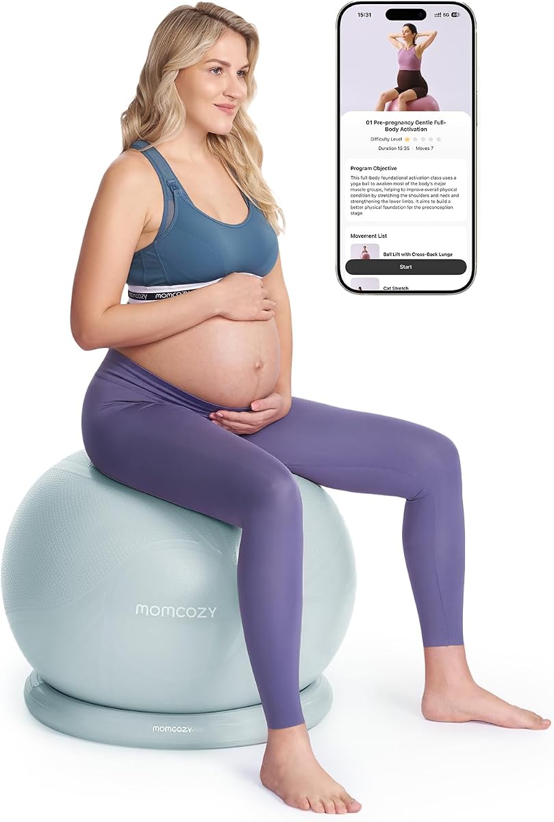 Momcozy BirthEase Pregnancy Ball Set, Birthing Ball Chair with App Courses | BPA-Free, Anti-Burst, with Anti-Slip Base, Supports Pregnancy Stages & Postpartum with App-Guided Courses