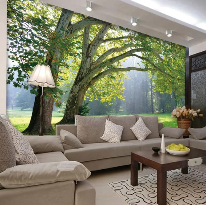 Papier peint panoramique forêt verte pour transformer un mur de salon