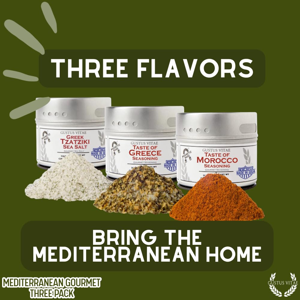 Mediterranean Gourmet Seasoning Collection | Non GMO Verified | 3 Magnetic Tins | All Natural | Ultra Premium | Sustainably Sourced | GLP-1 Friendly | Made in USA | Artisan Spice Blends and Sea Salts | Hand Crafted | Made in Small Batches | Gustus Vitae | All Occasion Gift