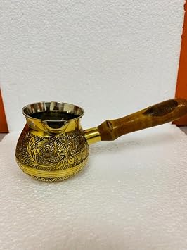 Sharvgun Turkish Greek Arabic Floral Golden Brass Tone Coffee Pot Stovetop Coffee Maker Cezve Ibrik Briki with Wooden Handle 6.09 OZ 180 ML