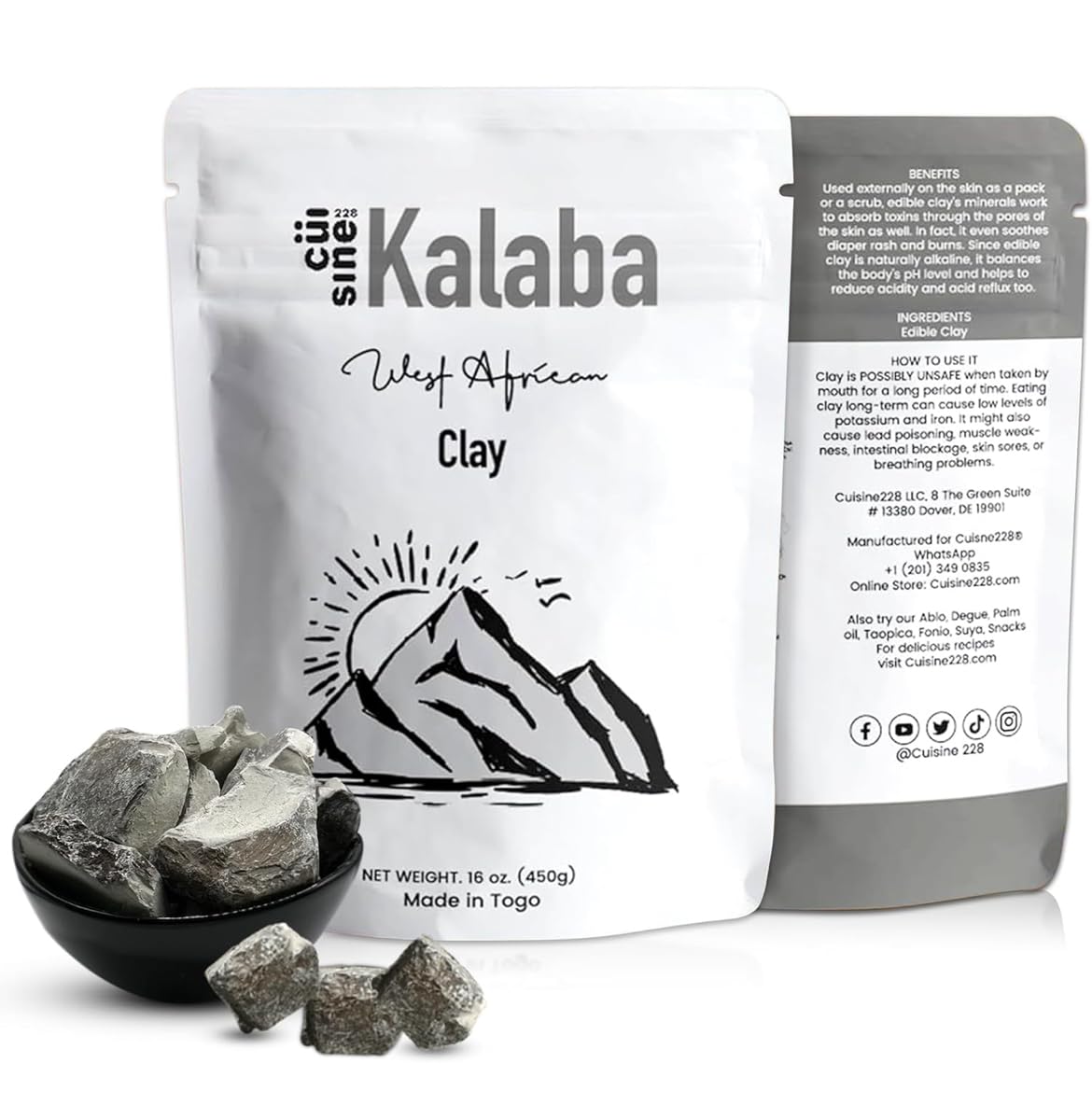 Natural Clay, N Kalaba – 100% Natural, Chemical-Free Detox Kaolin Marble Chalk 16oz | Hard Crunchy | Made in Togo