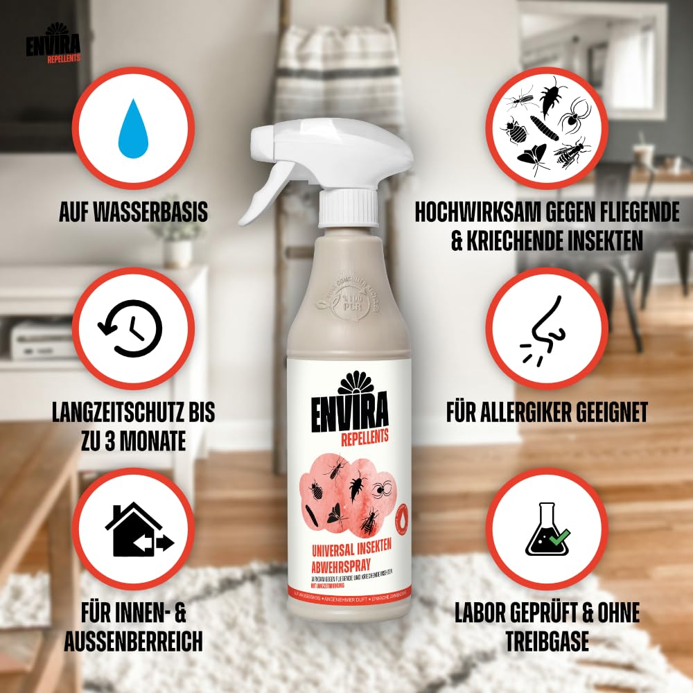 Envira Universal Insekten Abwehrspray 4 x 5 Liter + 2L Sprüher - Spray mit Langzeitwirkung gegen Trauermücken, Silberfische, Lebensmittelmotten & weiteres Ungeziefer - Mittel gegen Insekten