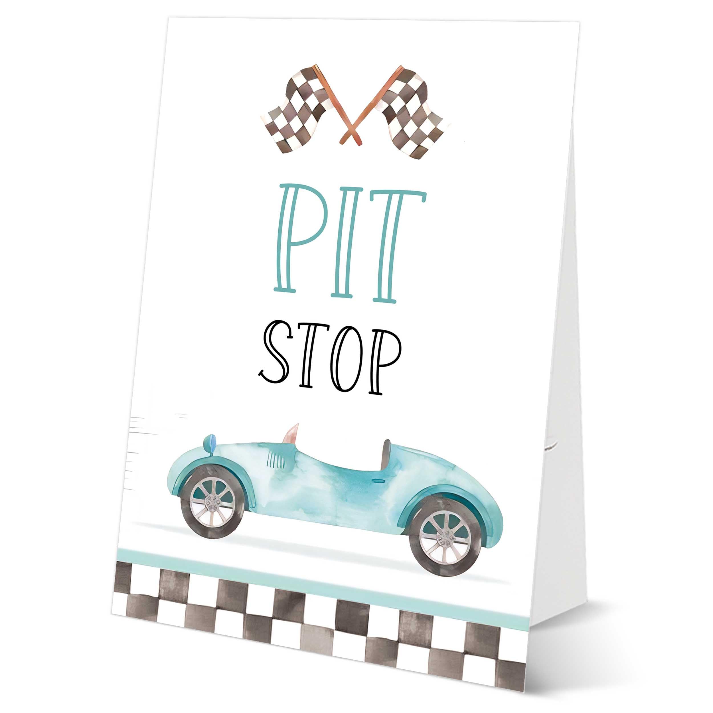 Blue Race Car Party Decorations, Birthday Party Favors Sign, Pit Stop 8×11 Sign with Stand, Route 66 Party Decorations