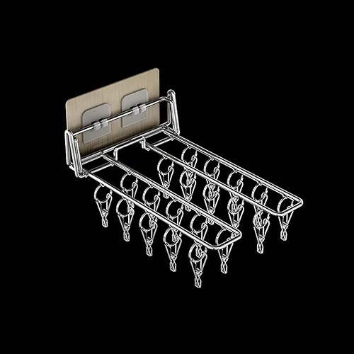 Miniatura 8 de Colgador montado en la pared para balcón, estante de secado de ropa plegable de acero inoxidable, organizador de clip de almacenamiento para ropa