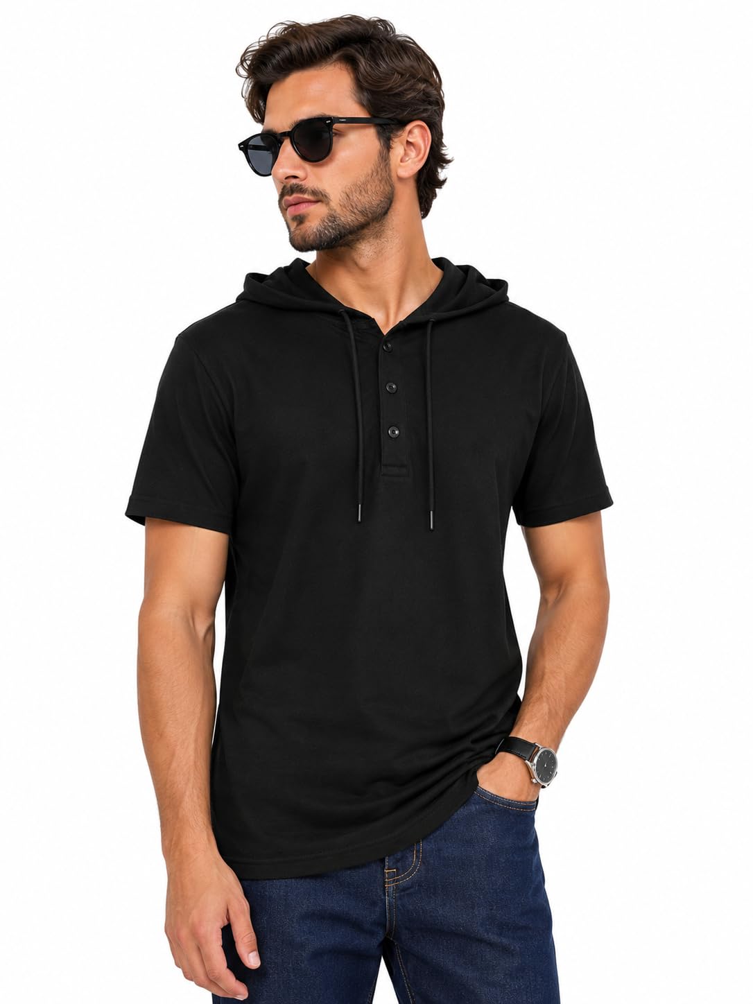 Men's Fashion Hoodie Tee, Solid Color Short Sleeve Henley Shirt, Breathable Lightweight Summer Streetwear Top-image-18
