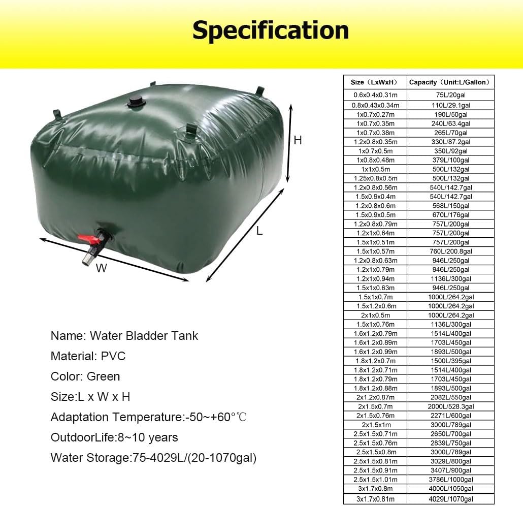 Folding Bladder Tank for Drought Resistant, 20-1070 Gal Emergency Water Storage Bladders/Large Capacity Soft Water Bag for RV(1x0.7x0.27m/190L/50gal)