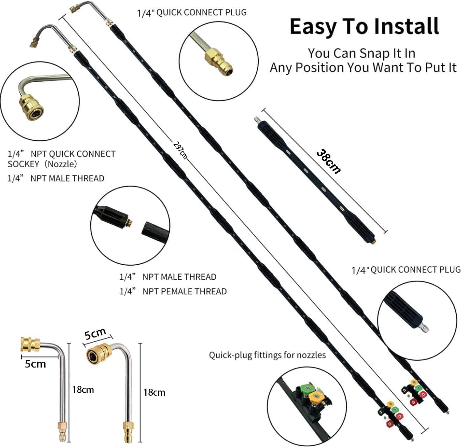 Lot de 10 Rallonge pour nettoyeur haute pression avec adaptateur Karcher Compatible pour Karcher K Series K2 K3 K4 K5 K6 K7, 4000PSI Outils de nettoyage de gouttière Rallonge Lance