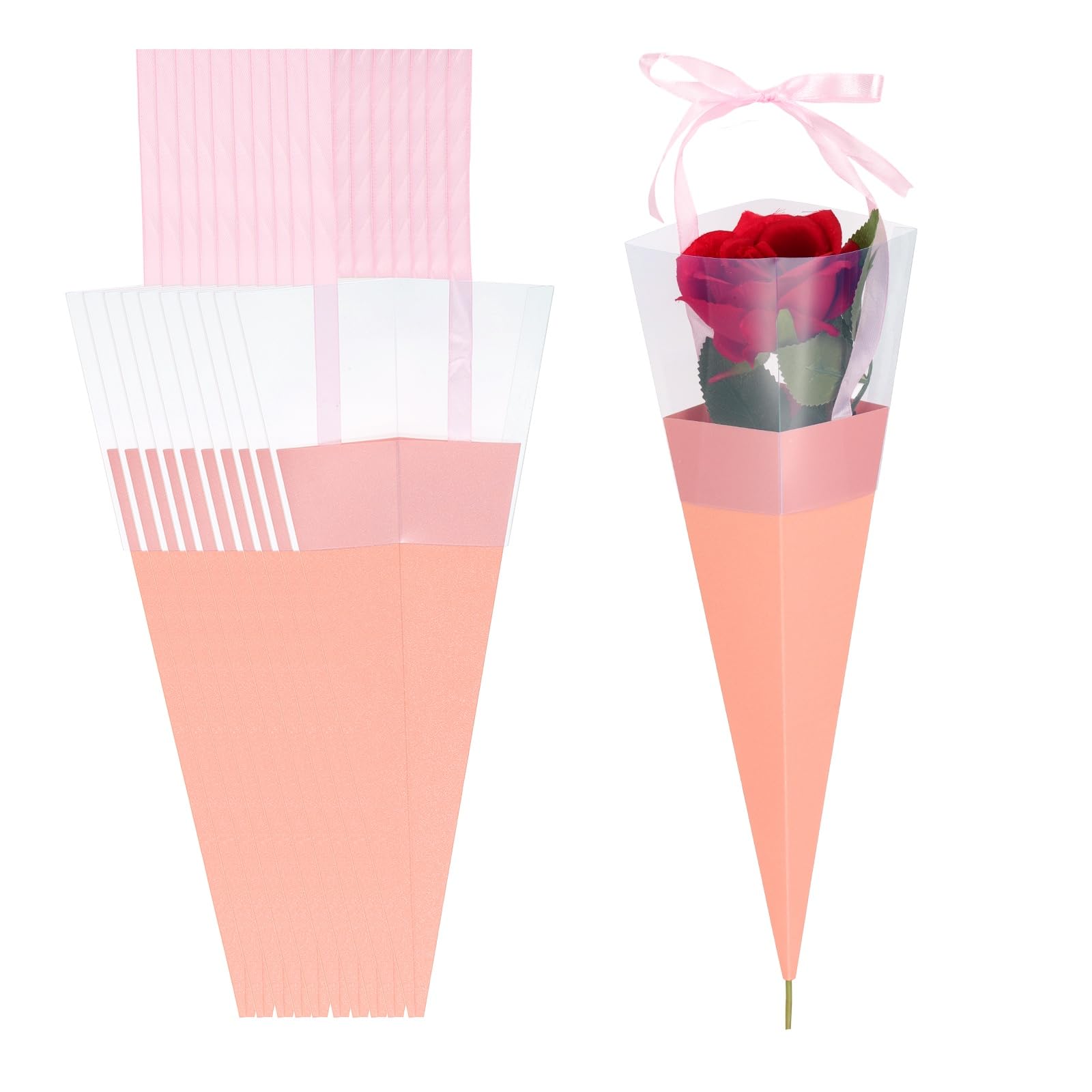 PATIKIL 24 Pcs Flower Wrapping Bag, Floral Packing Sleeves with Ribbons Cute for Bouquets Wedding Birthday Graduation Anniversary Arrangement Gift, Pink