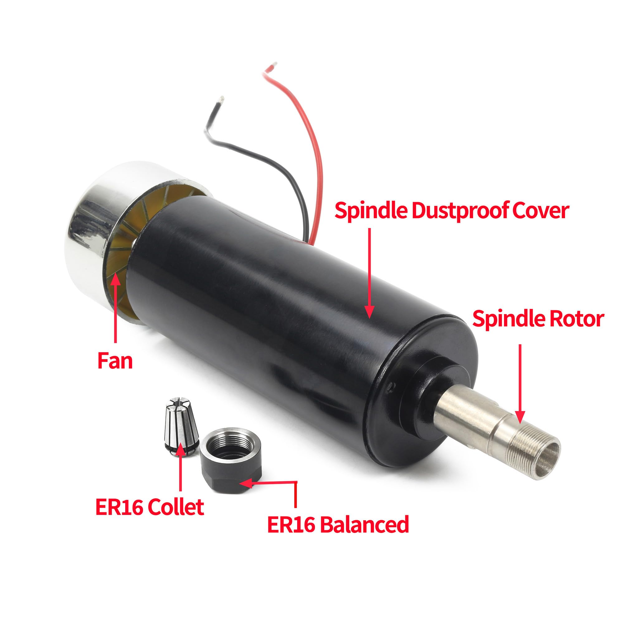 RATTMMOTOR Motore a mandrino, 500 W, motore a mandrino CNC, 52 mm, 48 VDC ER16, raffreddamento ad aria, 12000 giri/min, + 8 mm, pinza di serraggio ER16, per incisione/fresatrice CNC fai da te