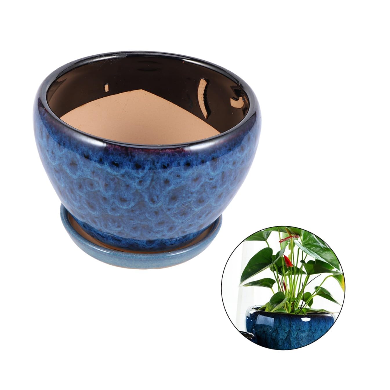 Pot de fleur céramique bleu paon avec soucoupe DOITOOL