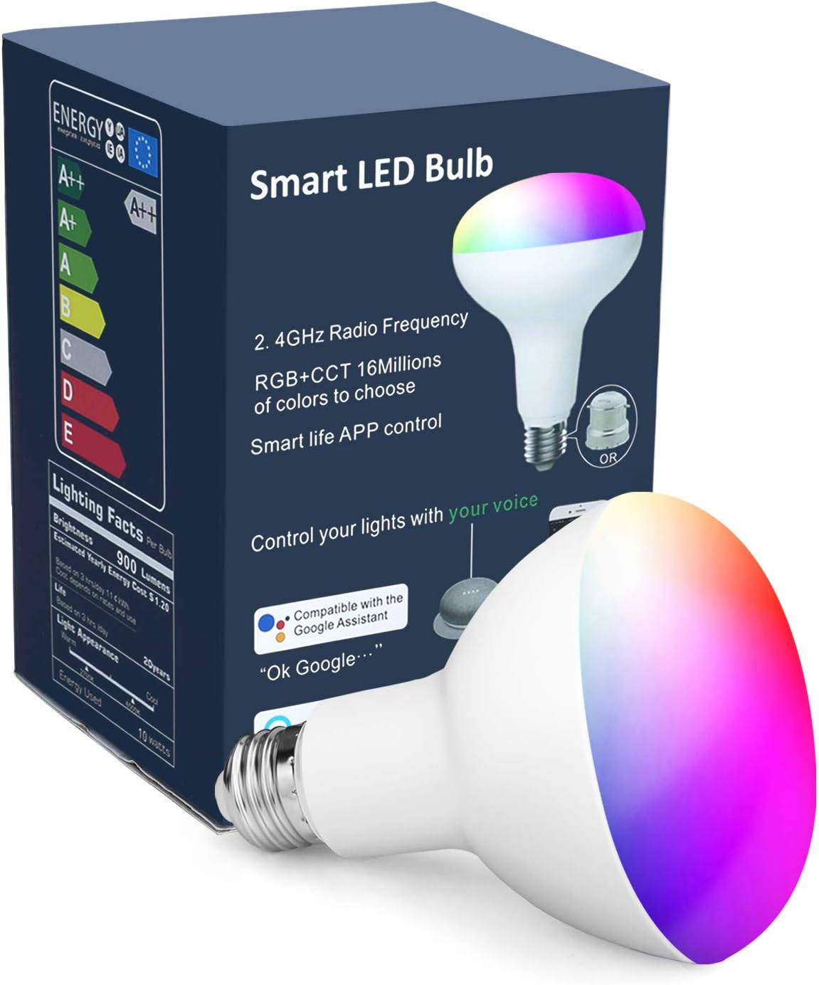 OHLUX Smart Light Bulbs,BR30 WiFi Flood Lamp,10W 900LM,App Remote Control,Dimmable Multicolored LED,E26 Base,100-240V,Compatible with Alexa Google Assistant 1-Pack