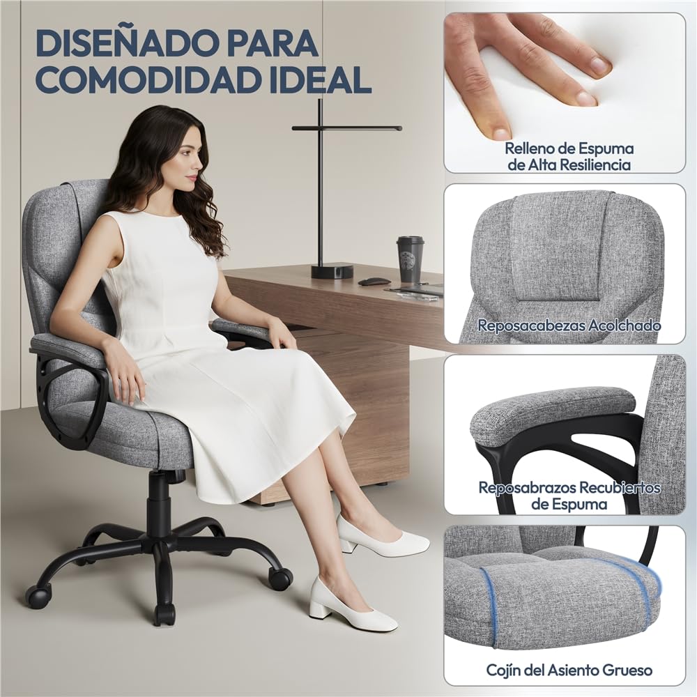Yaheetech Silla de Oficina de Tela con Respaldo Alto Ergonómico Altura Ajustable Silla de Escritorio Ejecutiva Silla Giratoria Reclinable Sillón Gris