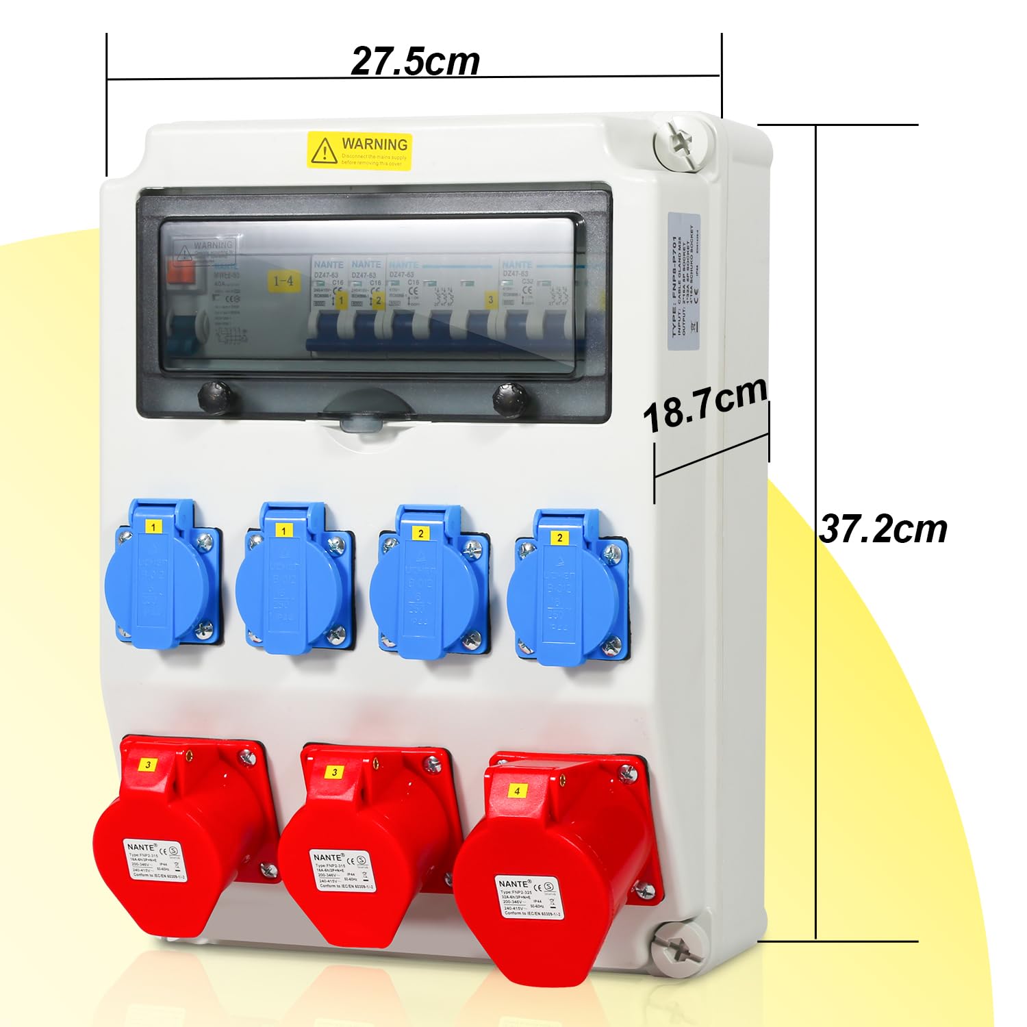 Herrselsam Baustromverteiler, 1X32A 2X16A 4x230V MIT LS+FI mit Leitungsschutzschalter und RCCB, 5 polig Wandverteiler mit 4 Schutzkontaktsteckdosen und CEE 16/32A, Innen Außenbereich auf Baustellen