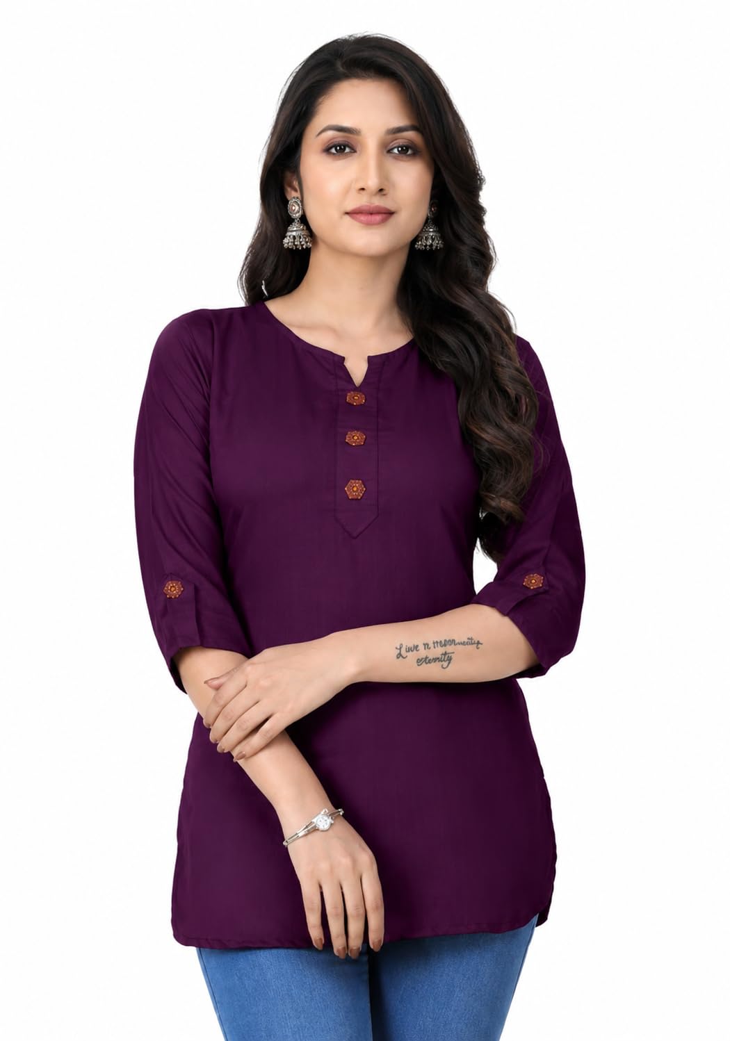 Jack & Jones VANTRS Women Kurti for Women Stylish Short Kurti for Women | Rayon Casual Tunic Top | 3/4 Sleeve Ethnic Kurta | Office Wear College Wear | Solid Green Kurti Top in green