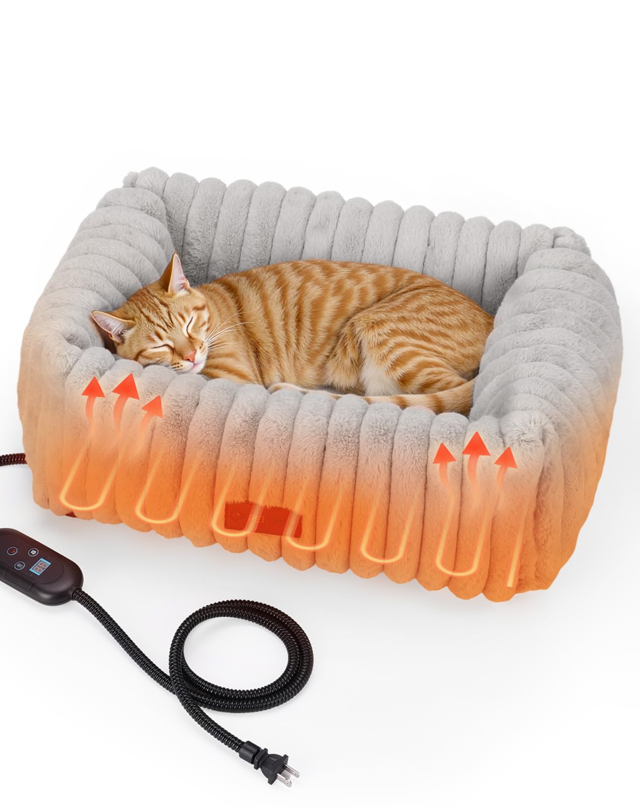 heated cat bed indoor, pet bed with 6 temperature & 5 timer settings, fluffy cat couch with removable machine-washable cover for dogs kitten puppy in winter, ul & fcc certified, small, grey
