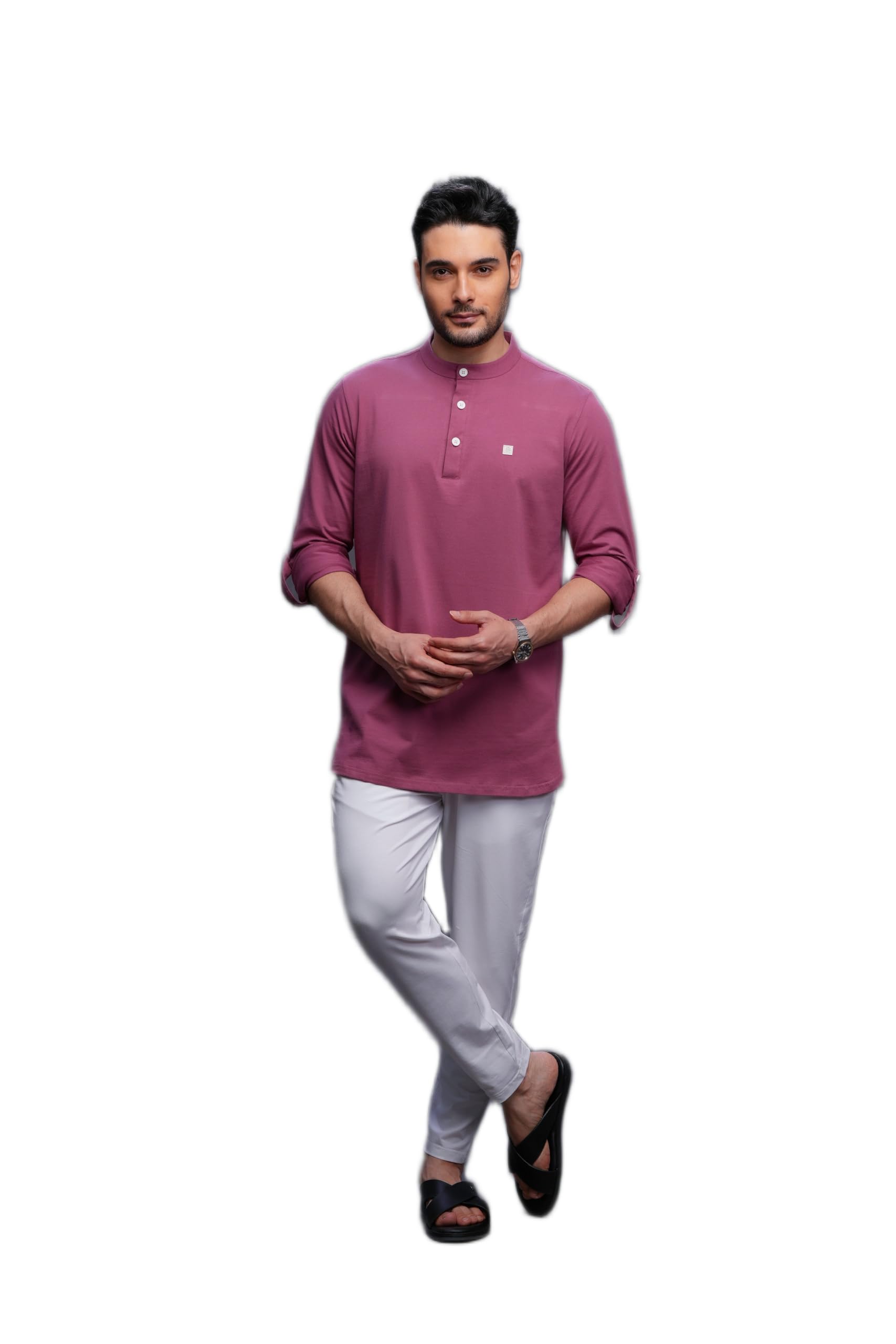 mashroo Men Kurta Pajama Set Pink S Cotton Elastic Knitted with Elastic Pant for Casual Wear, Mandarin Neck-picture-0
