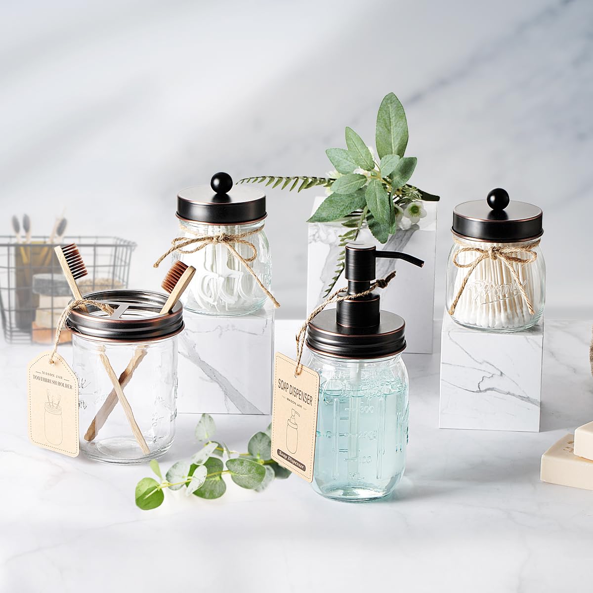 Mason Jar - Juego de accesorios de baño de 4 piezas, dispensador de jabón de loción y 2 soportes Qtip y soporte para cepillos de dientes, decoración rústica de granja, decoración del hogar de 6