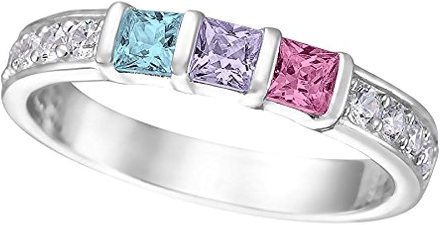 Central Diamond Center Princess w/Sides Mothers Rings with 1 to 6 Simulated Birthstones, Sterling Silver, 10K or 14K Gold