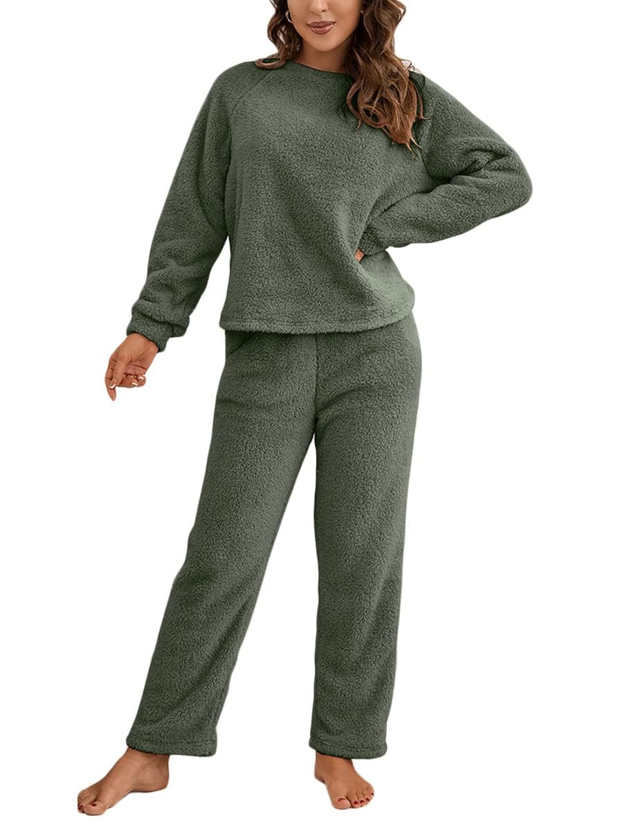 Generisch Ensemble pyjama pour femme en polaire à manches longues - Pyjama deux pièces pour l'hiver - Vêtement de nuit chaud avec pantalon de pyjama et haut