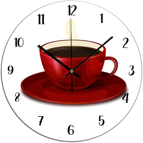 Reloj de pared redondo con taza de café roja, de cuarzo, funciona con pilas, 12 pulgadas, estilo vintage, de madera, para decoración de sala de