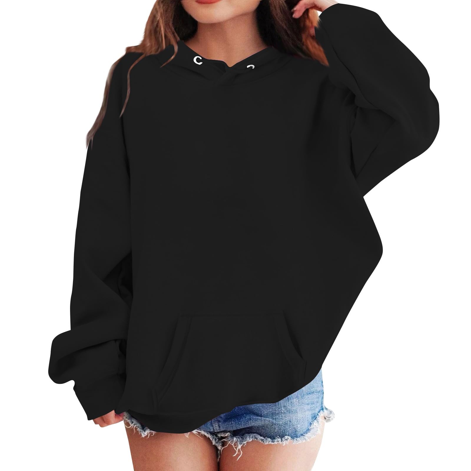 Oversized Solid Color Hoodies for Youth Girls Long Sleeves Fit Slim Pullovers Cute Loose Sweatshirts with Pocket